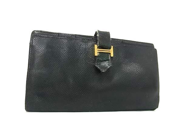 1円 HERMES エルメス ベアン スフレ ヴォーエプソン ゴールド金具 二つ折り 長財布 ウォレット 小銭入れ □J刻印 ブラック系 FQ3035拍卖