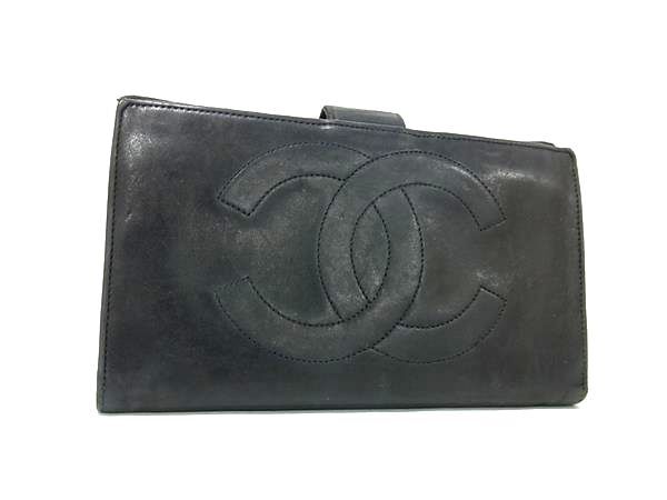 1円 CHANEL シャネル ココマーク ラムスキン がま口 二つ折り 長財布 ウォレット レディース ブラック系 FV3926拍卖