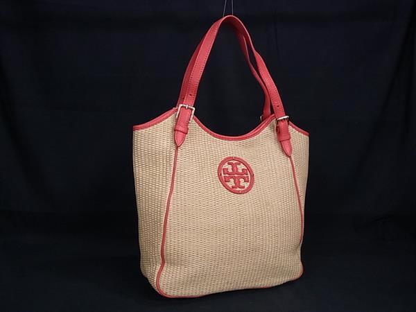 1円 TORY BURCH トリーバーチ ストロー×レザー ショルダー トートバッグ かごバッグ レディース ベージュ系×オレンジ系 BM9996拍卖