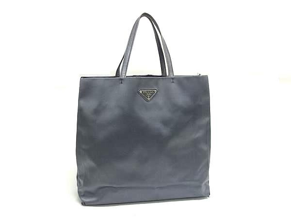 1円 PRADA プラダ サテン×レザー ハンドバッグ トートバッグ レディース メンズ グレー系 BP5864拍卖