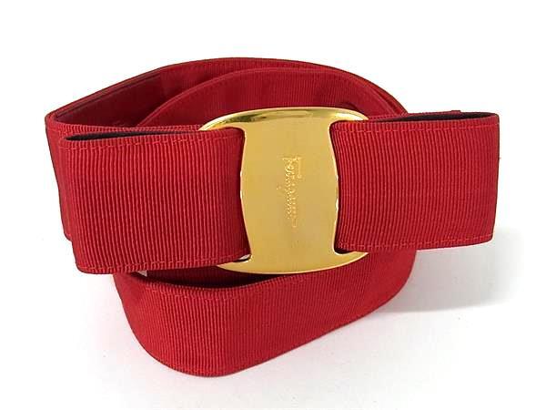 1円 ■美品■ Salvatore Ferragamo フェラガモ 8046 ヴァラリボン キャンバス ゴールド金具 ベルト レディース レッド系 BP5833拍卖