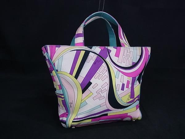 1円 ■美品■ EMILIO PUCCI エミリオプッチ ナイロンキャンバス×レザー 総柄 ハンドバッグ ミニバッグ パープル系×マルチカラー GA6024拍卖