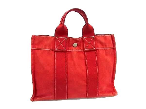 1円 HERMES エルメス ドーヴィルPM キャンバス シルバー金具 トートバッグ ハンドバッグ ミニバッグ レディース レッド系 BT0029拍卖