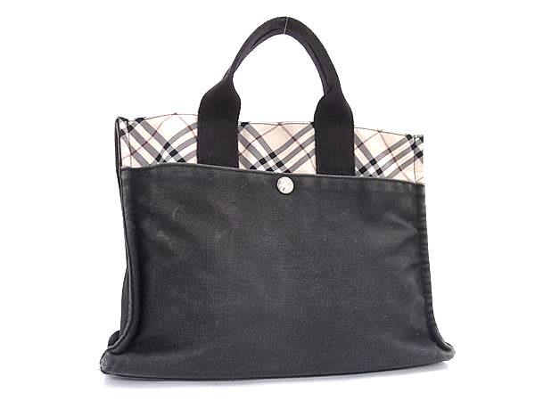 1円 BURBERRY バーバリーブルーレーベル キャンバス チェック柄 ハンドバッグ トートバッグ レディース ダークグレー系×ベージュ系 GA5874拍卖