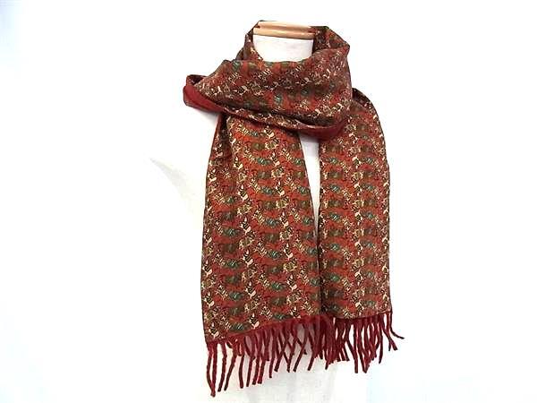 1円 ■美品■ Salvatore Ferragamo フェラガモ シルク100% ホース 馬柄 フリンジ マフラー ストール ショール 防寒具 ブラウン系 FM7095拍卖