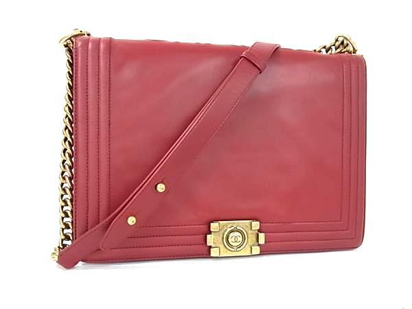 1円 CHANEL シャネル ココマーク ボーイシャネル レザー チェーン クロスボディ ショルダーバッグ 斜め掛け 肩掛け レッド系 BJ8343拍卖