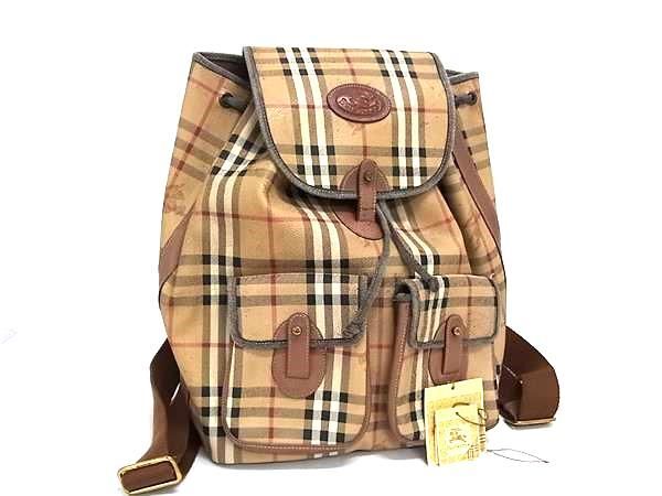 1円 Burberrys バーバリーズ ノバチェック PVC×レザー 巾着型 リュックサック デイパック バックパック ベージュ系 BN6106拍卖