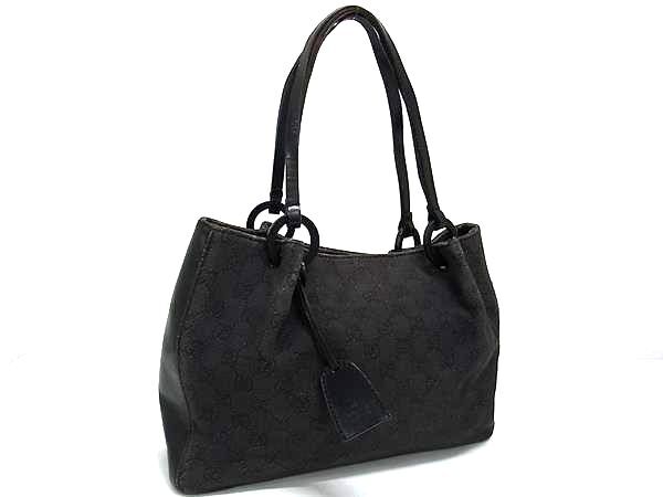 1円 GUCCI グッチ GG柄 GGキャンバス×レザー ポーチ付き ハンドバッグ トートバッグ 肩掛け レディース ブラック系 BN6107拍卖