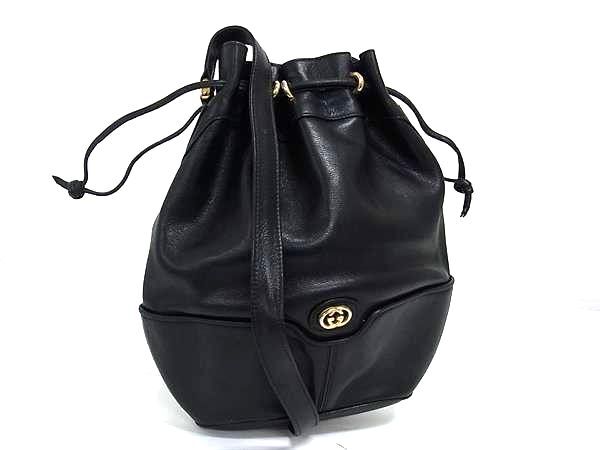 1円 GUCCI オールドグッチ 001/256/1218 ヴィンテージ インターロッキングG レザー 巾着型 ショルダーバッグ 肩掛け ブラック系 BN6113拍卖