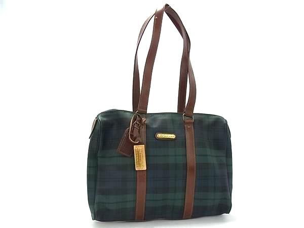 1円 ■美品■ POLO RALPH LAUREN ポロラルフローレン PVC×レザー チェック柄 トート ハンドバッグ ショルダー 肩掛け グリーン系 GA5969拍卖