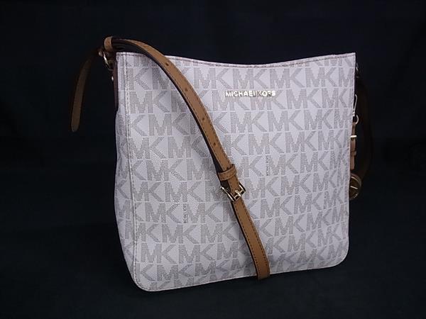 1円 MICHAEL KORS マイケルコース MK柄 PVC×レザー クロスボディ ショルダーバッグ 斜め掛け アイボリー系×ブラウン系 FU6342拍卖