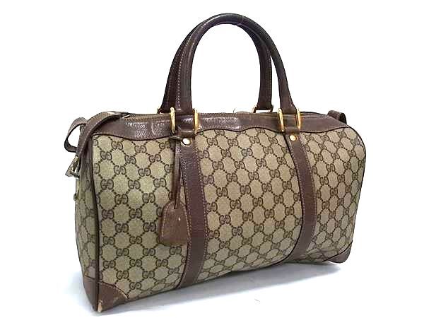 1円 GUCCI グッチ オールドグッチ ヴィンテージ 24・012・468 GG柄 PVC×レザー ミニボストンバッグ ハンドバッグ ブラウン系 BN6118拍卖