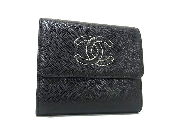1円 CHANEL シャネル ココマーク キャビアスキン 三つ折り 財布 ウォレット 小銭入れ レディース ブラック系 FU2650拍卖