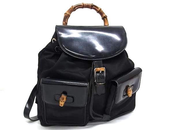 1円 GUCCI グッチ 003・2058・0016・5 バンブー ナイロン×パテントレザー リュックサック バックパック レディース ブラック系 FP7796拍卖