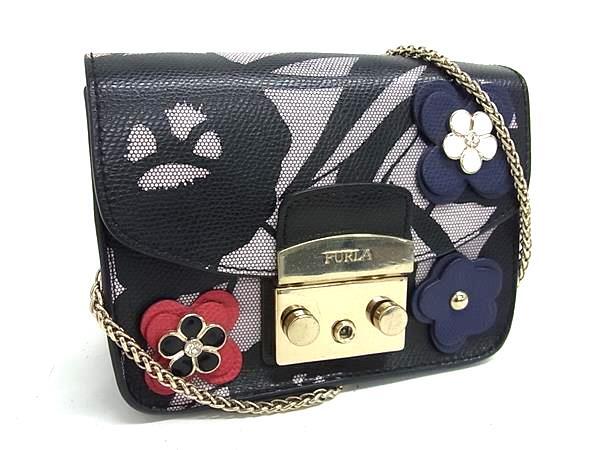 1円 FURLA フルラ メトロポリス レザー チェーン 花 フラワー クロスボディ ショルダーバッグ 斜め掛け レディース ブラック系 GB2703拍卖