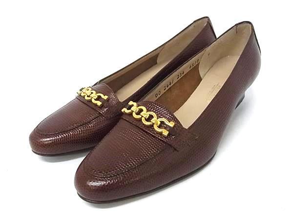 1円 ■美品■ Salvatore Ferragamo フェラガモ ガンチーニ リザード型押しレザー パンプス サイズ 6 1/2(23.5cm) 靴 ブラウン系 FV3985拍卖