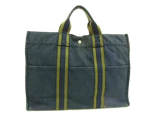 1円 HERMES エルメス フールトゥMM キャンバス シルバー金具 ハンドバッグ トートバッグ メンズ レディース ネイビー系 GB2735拍卖