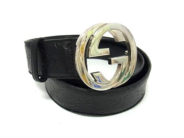1円 GUCCI グッチ 114984 1766 GG柄 インターロッキングG グッチシマ レザー シルバー金具 ベルト 表記サイズ 90/36 ブラック系 FP8882拍卖