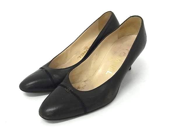 1円 CHANEL シャネル ココマーク レザー ヒール パンプス 表記サイズ35 1/2 (約22.5cm) 靴 シューズ レディース ブラック系 FP8969拍卖