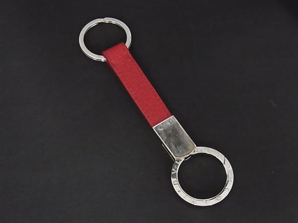 1円 BVLGARI ブルガリブルガリ レザー キーリング キーホルダー バッグチャーム キーチャーム メンズ レッド系×シルバー系 BP5942拍卖