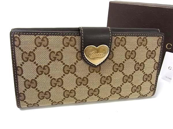 1円 ■美品■ GUCCI グッチ 203550 2067 GG柄 GGキャンバス×レザー ハート Wホック 二つ折り 長財布 ウォレット ブラウン系 FQ2976拍卖