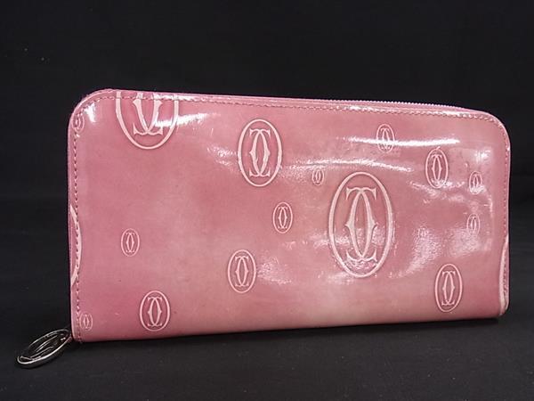 1円 ■美品■ Cartier カルティエ ハッピーバースデー パテントレザー ラウンドファスナー 長財布 ウォレット 小銭入れ ピンク系 FQ2986拍卖