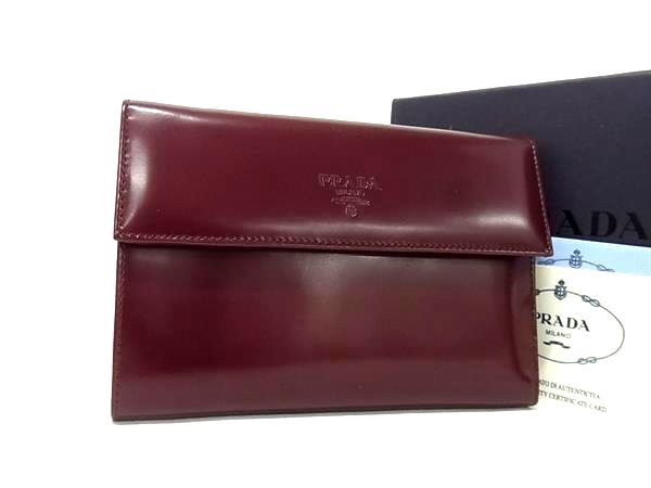 1円 ■美品■ PRADA プラダ パテントレザー 三つ折り 財布 ウォレット 札入れ 小銭入れ メンズ ボルドー系 GA5950拍卖