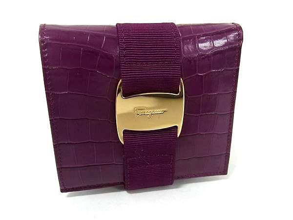 1円 ■美品■ Salvatore Ferragamo フェラガモ ヴァラリボン レザー×キャンバス 二つ折り 財布 ウォレット レディース ボルドー系 FT2787拍卖