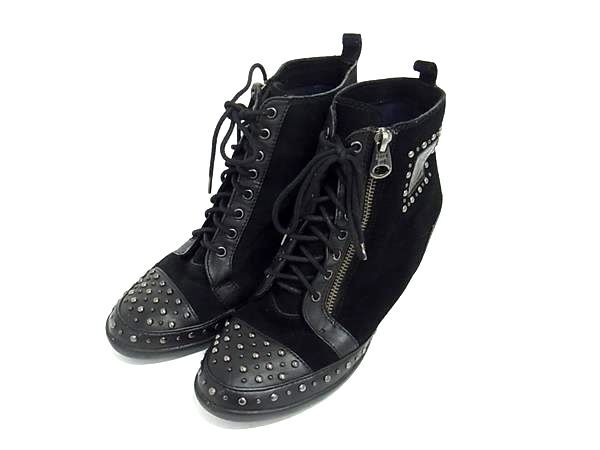 ANNASUI アナスイ スエード×レザー スタッズ ウェッジソール ショートブーツ サイズ 3 1/2(約23.5cm) 靴 シューズ ブラック系 DK6305拍卖