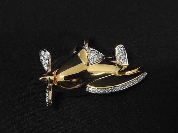 ■美品■ SWAROVSKI スワロフスキー プレーン 飛行機 ピンブローチ ピンバッジ ネックレストップ アクセサリー ゴールド系 DK7922拍卖
