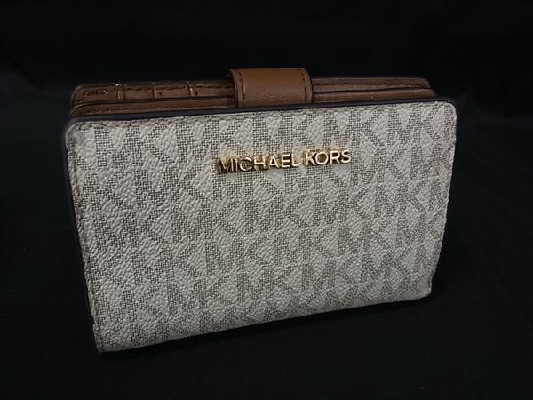 ■美品■ MICHAEL KORS マイケルコース MK柄 PVC×レザー 二つ折り 財布 ウォレット レディース アイボリー系×ブラウン系 DK7617拍卖