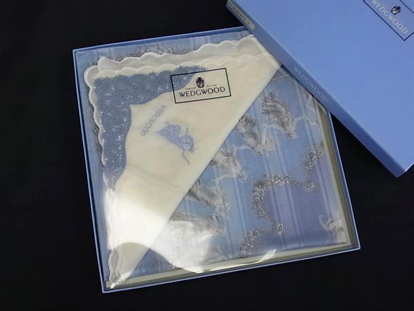 ■美品■ WEDGWOOD ウェッジウッド コットン100% 総柄 スカーフ ハンカチーフ 2点セット ライトブルー系 アイボリー系 DK7309拍卖