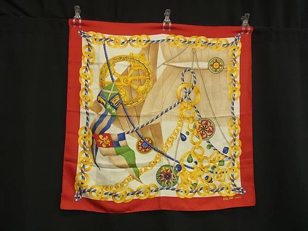 CELINE セリーヌ シルク100% 総柄 スカーフ ストール ショール レディース レッド系×マルチカラー DK2750拍卖