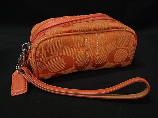 ■美品■ COACH コーチ シグネチャー キャンバス×レザー ミニ ポーチ マルチケース レディース オレンジ系 DI7150拍卖