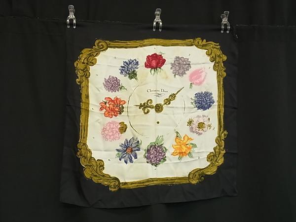ChristianDior クリスチャンディオール シルク100% 花柄 スカーフ ストール ショール レディース ブラック系×マルチカラー DJ8317拍卖