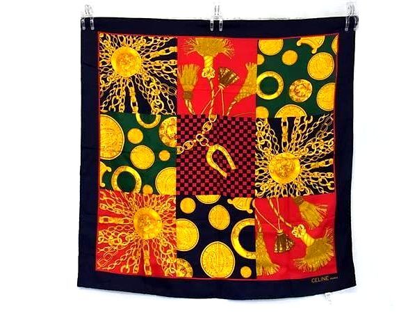 ■美品■ CELINE セリーヌ シルク100% チェック柄 大判 スカーフ ストール ショール レディース ネイビー系 DG4909拍卖
