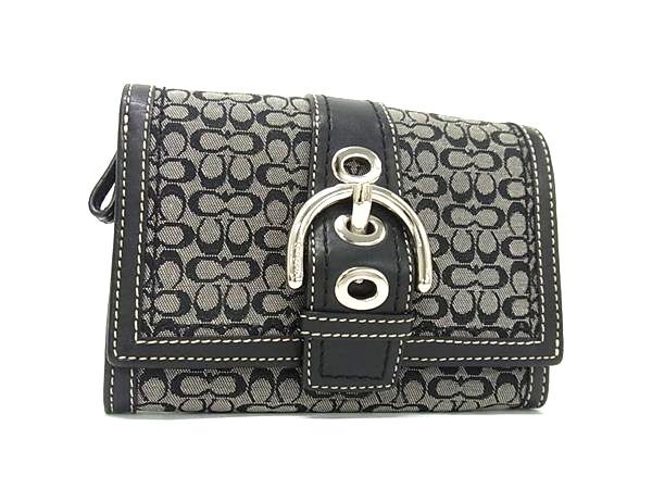 ■美品■ COACH コーチ ミニシグネチャー キャンバス×レザー 二つ折り 財布 ウォレット 小銭入れ レディース ブラック系 DK9133拍卖
