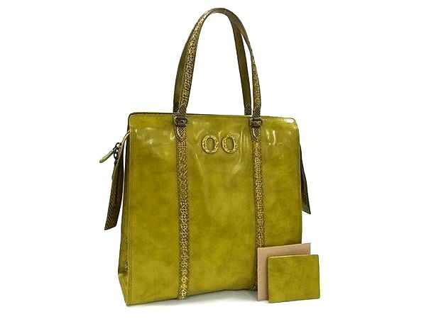 1円 ■極上■本物■美品■ BOTTEGA VENETA ボッテガヴェネタ ミラー付き レザー×パイソン ハンドバッグ トートバッグ グリーン系 EA3369拍卖