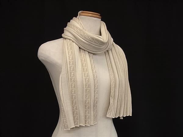 1円 ■美品■ FENDI フェンディ ウール100% プリーツ マフラー 防寒具 レディース メンズ アイボリー系×ベージュ系 BN4318拍卖