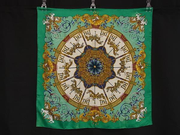 1円 HERMES エルメス LUNA PARK【遊園地】カレ90 シルク100% スカーフ ストール ショール メンズ レディース グリーン系 FU5969拍卖