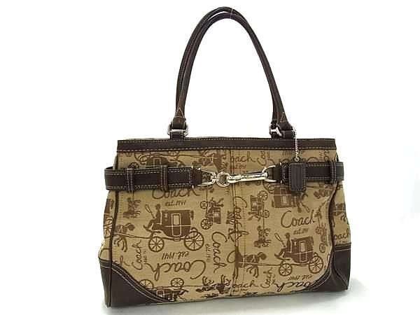 1円 COACH コーチ F14445 ホース&キャリッジ キャリオール キャンバス×レザー ハンドバッグ トートバッグ ショルダー ブラウン系 GD0057拍卖