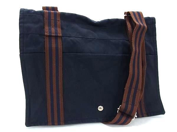 1円 HERMES エルメス フールトゥ バサスMM キャンバス シルバー金具 クロスボディ ショルダーバッグ 斜め掛け メンズ ネイビー系 GD0079拍卖