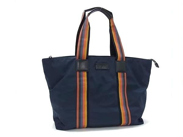 1円 Paul Smith ポールスミス ナイロン×レザー トートバッグ ショルダー 肩掛けかばん メンズ ネイビー系×マルチカラー BM9961拍卖