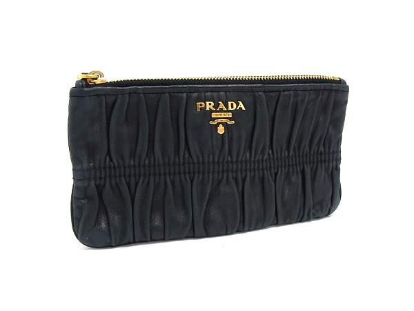 1円 PRADA プラダ レザー ギャザー マルチポーチ マルチケース 小物入れ メイクポーチ 化粧ポーチ レディース メンズ ネイビー系 FT2958拍卖