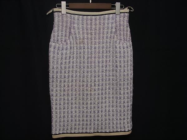 1円 CHANEL シャネル ナイロン×アクリル ストライプ スカート ボトムス 表記サイズ 38 洋服 レディース アイボリー系×パープル系 FR2506拍卖
