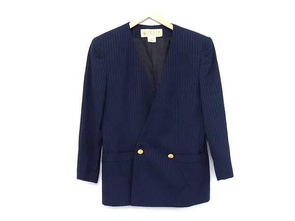 1円 ■美品■ GUCCI オールドグッチ ヴィンテージ ウール ジャケット アウター 上着 表記サイズ 38 洋服 レディース ネイビー系 FP4812拍卖