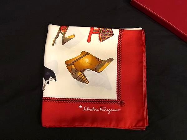 1円 ■新品同様■ Salvatore Ferragamo フェラガモ シルク100% 靴 スカーフ ストール レッド系×マルチカラー FU4447拍卖