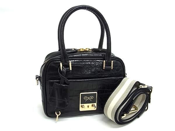 1円 ■美品■ ANYA HINDMARCH アニヤハインドマーチ カーカー クロコダイル型押しレザー ハンドバッグ ショルダー ブラック系 FU6449拍卖
