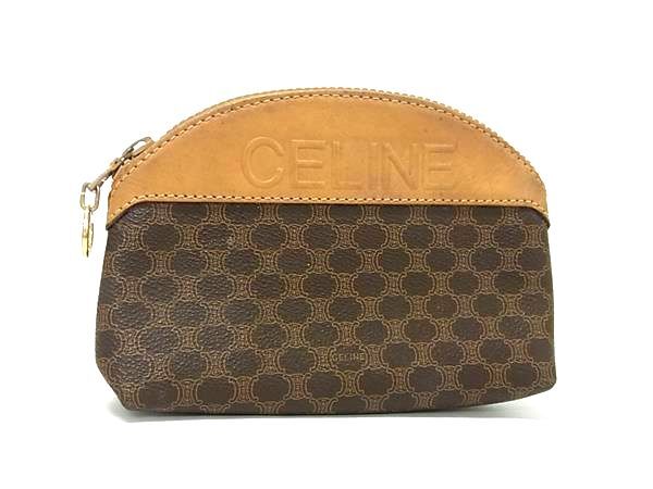 1円 CELINE セリーヌ マカダム柄 PVC×レザー マルチポーチ マルチケース 小物入れ メイクポーチ レディース ブラウン系 BN6081拍卖