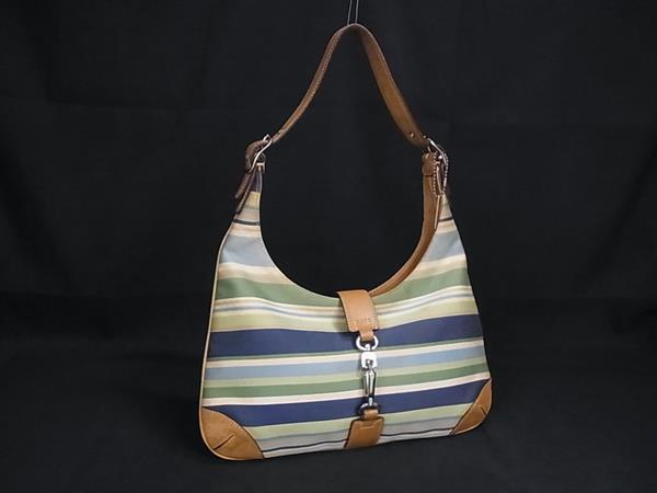 1円 COACH コーチ 6749 キャンバス×レザー ボーダー ワンハンドル ハンドバッグ ショルダー 肩掛け ブルー系×グリーン系 GA5754拍卖
